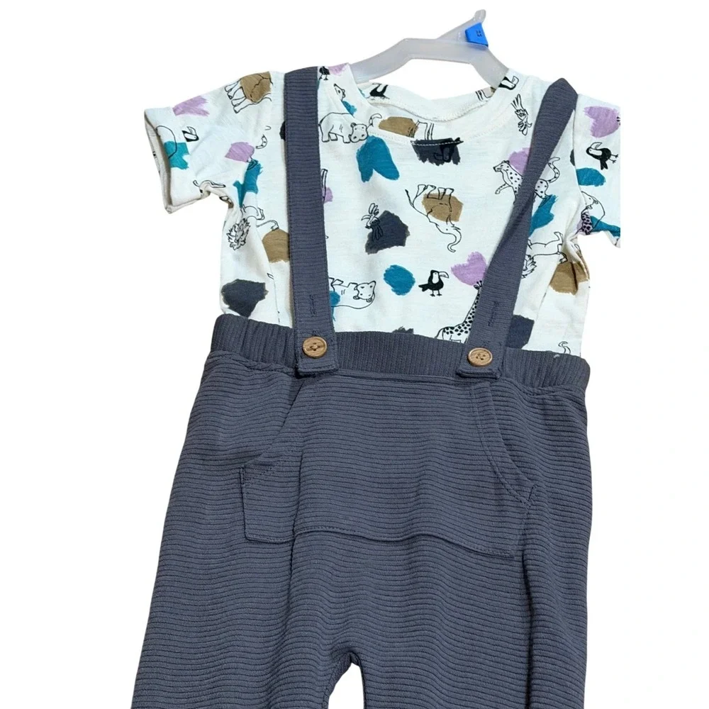 NWT Wonder Nation Baby Boys 24M 2Pcs Outfit Animal‎ AOP Shirt & Suspender Pants